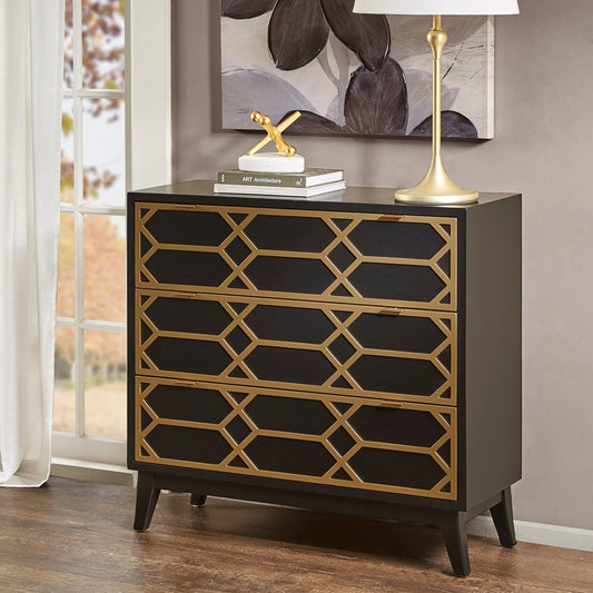 Gold Lattice 3-Drawer Chest, Black