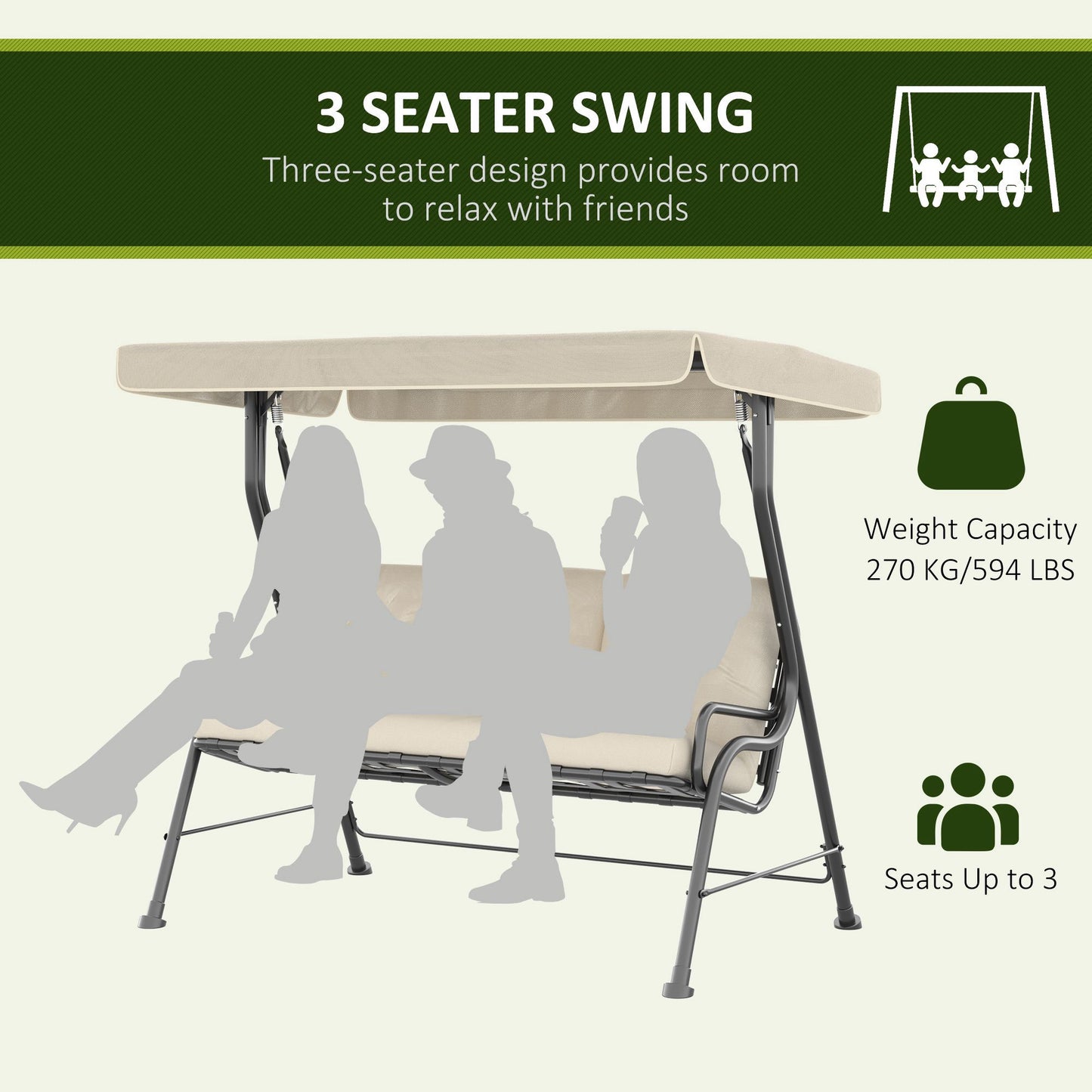 3-Person Porch Swing Patio Swing Chair with Canopy for Patio, Garden, Backyard, Poolside, Cream