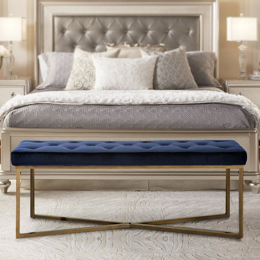 Rizzo 47.2'' Rectangular Metal and Velvet Upholstered Bench Dark Blue