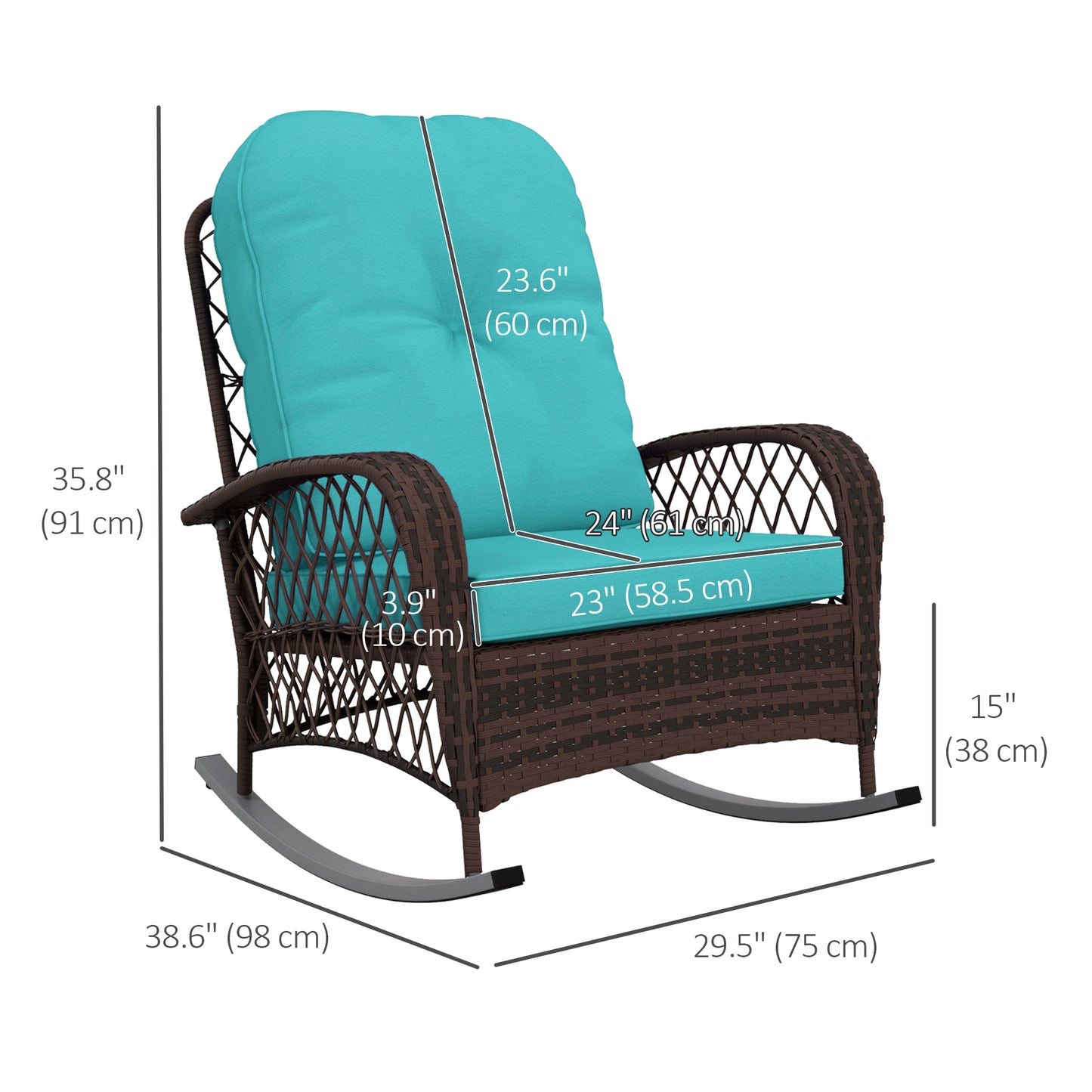 Outsunny Outdoor Wicker Rattan Rocking Chair Patio Rocker with Thick Cushions for Garden Backyard Porch, Turquoise