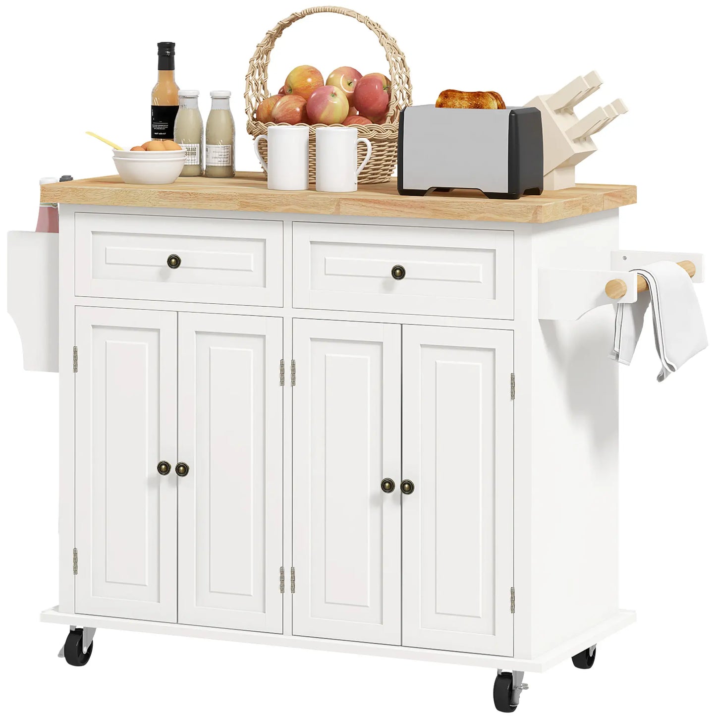 Kitchen Island with Storage, with Rubber Wood Top, Spice Rack, Towel Rack, White