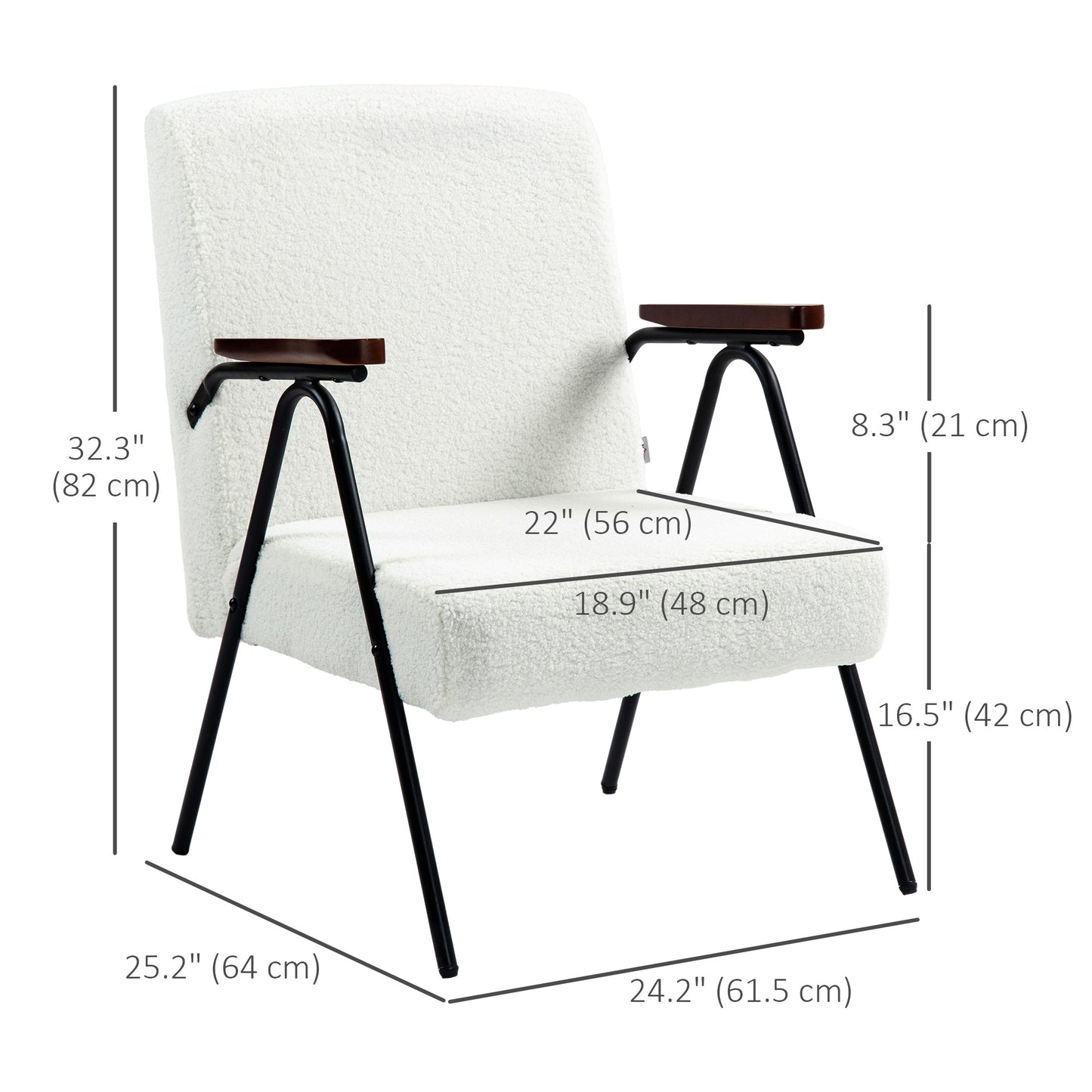 Modern Armchair, Upholstered Corduroy Accent Chair with Wood Arms and Steel Frame in white