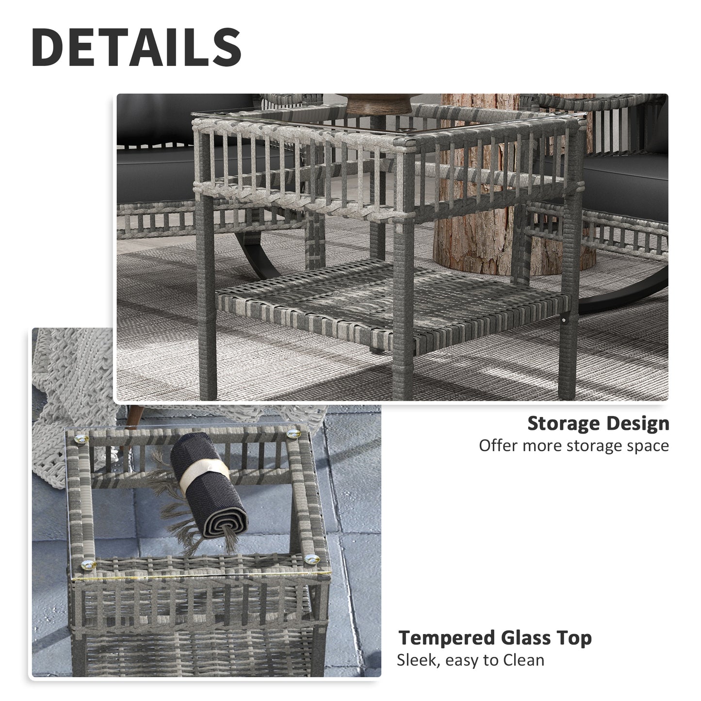 3 Pieces Outdoor PE Rattan Rocker Chair Set, Rocking Chair with Tempered Glass Table Top,25"x26"x28", Mixed Grey