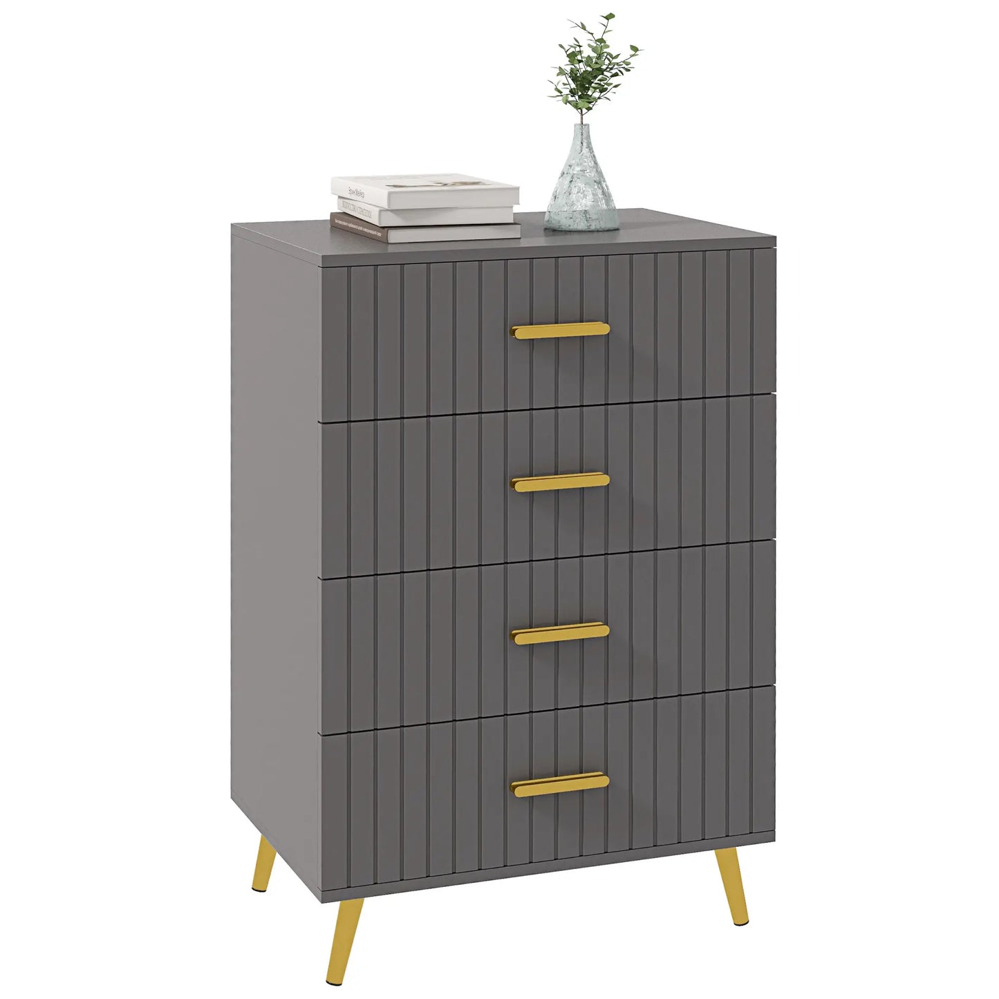 4 Drawer Dresser with Aluminium Legs and Gold Handles, in Dark Grey