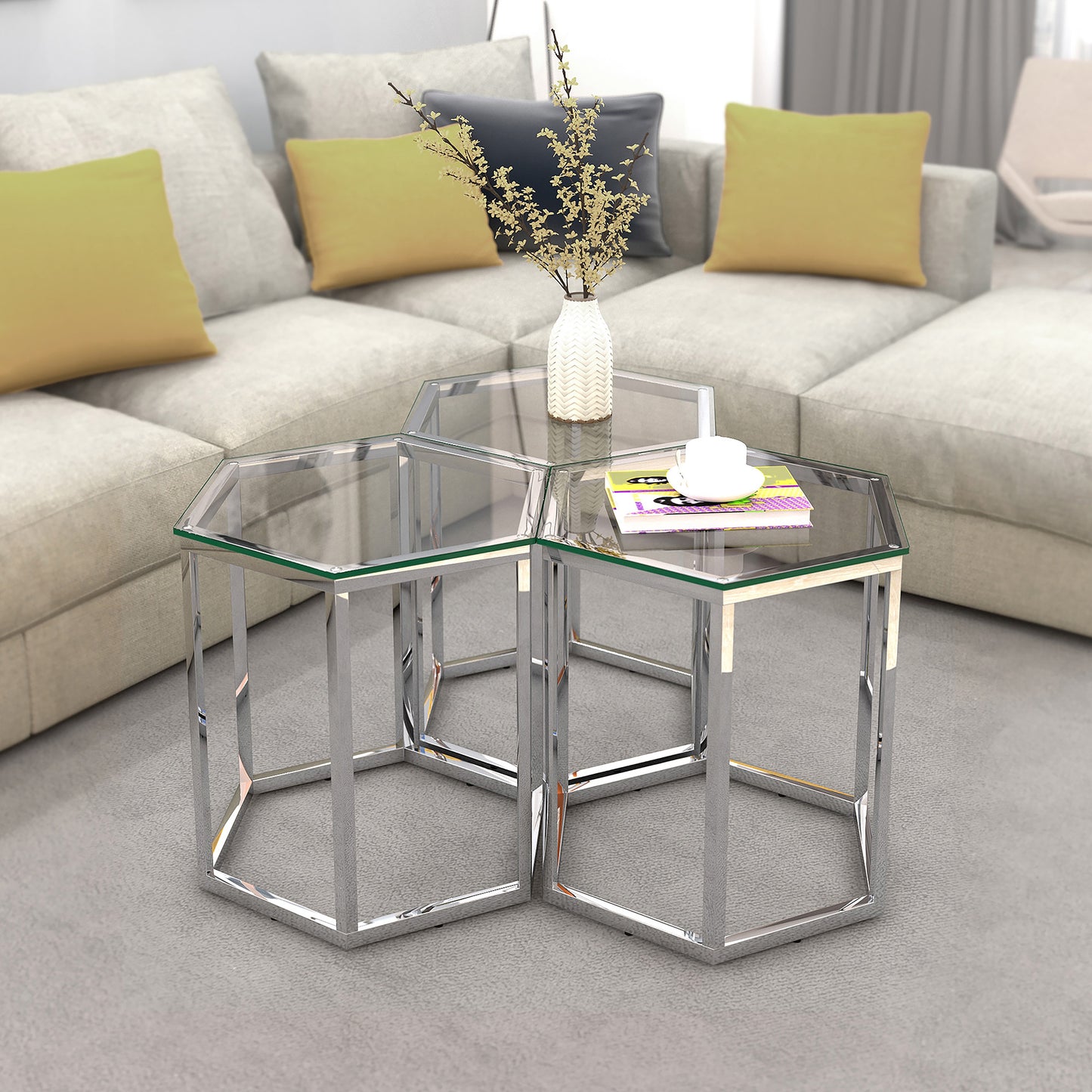 Fleur 3pc Accent Table Set in Silver