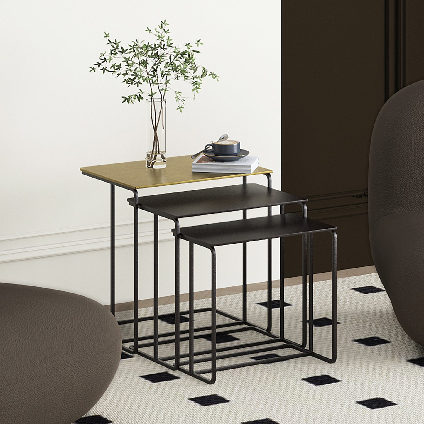 3pc Accent Table Set in Antique Gold and Black