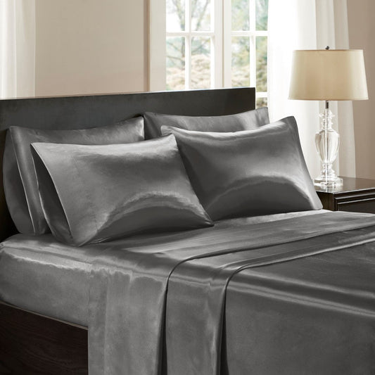 Luxury Satin 6-Piece Sheet Set, Dark Grey