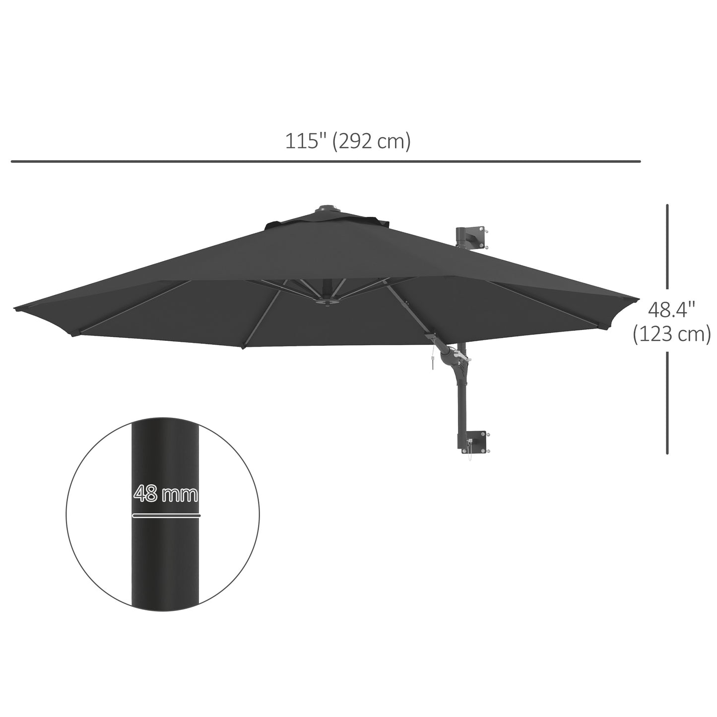 9.6 x 9.6 ft Wall Mounted Umbrella with Rotate, Patio Market Umbrella Parasol for Outdoor with Crank, Charcoal Grey