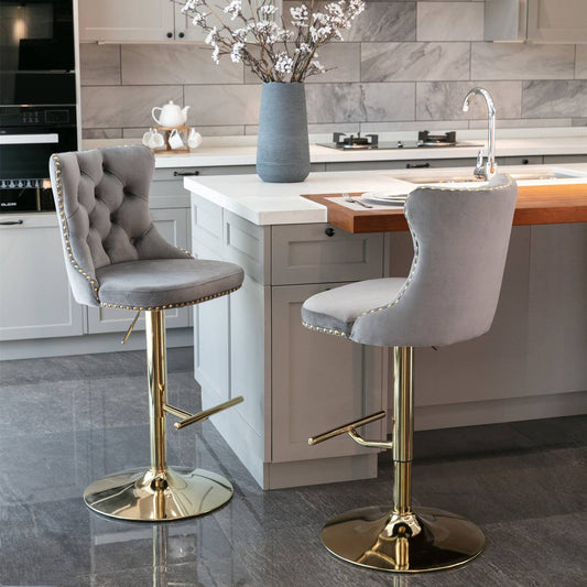 Set of 2 Modern Adjustable Velvet Swivel Bar Stools