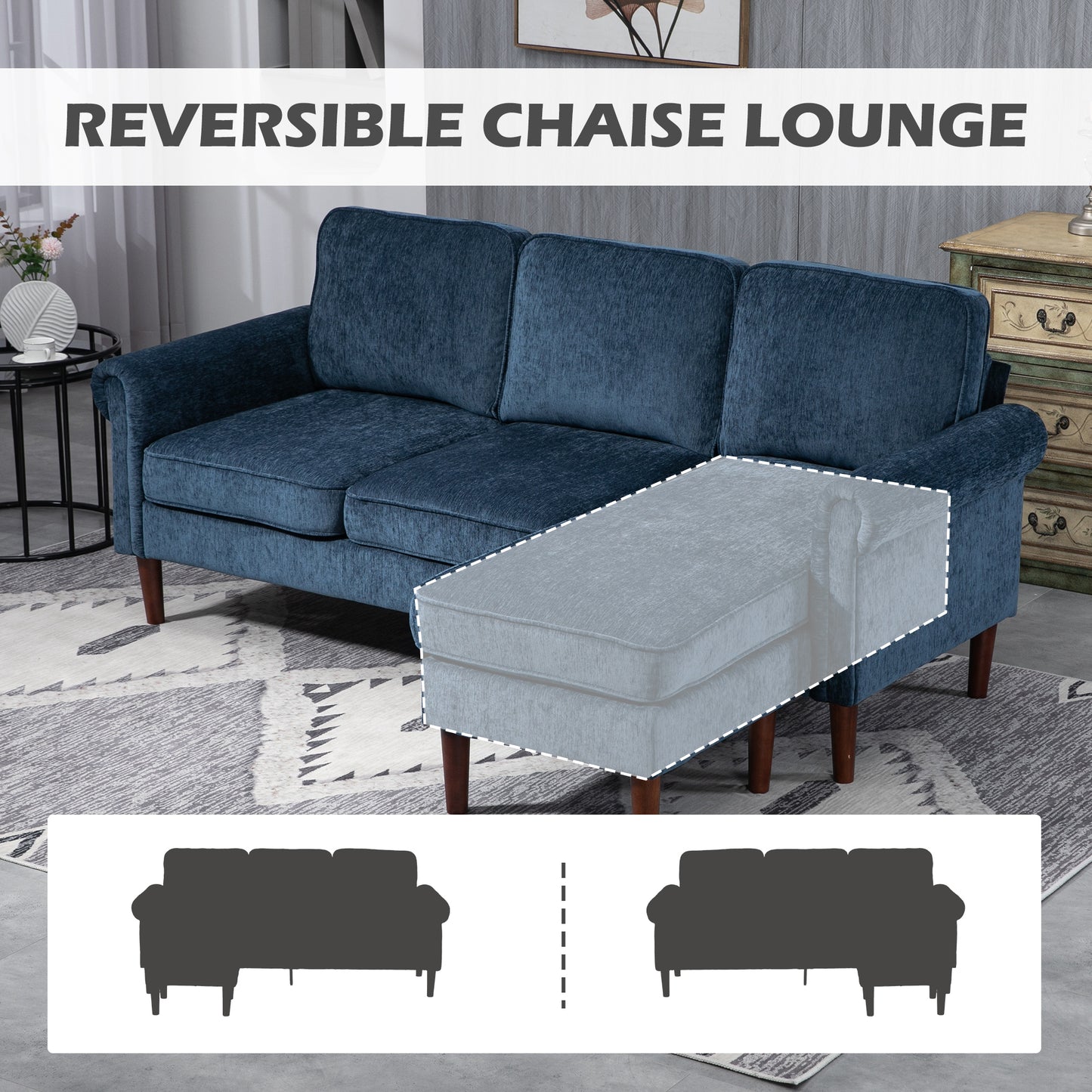 L Shape Modern Sectional Sofa with Reversible Chaise Lounge, Wooden Legs, Corner Sofa for Living Room, Dark Blue