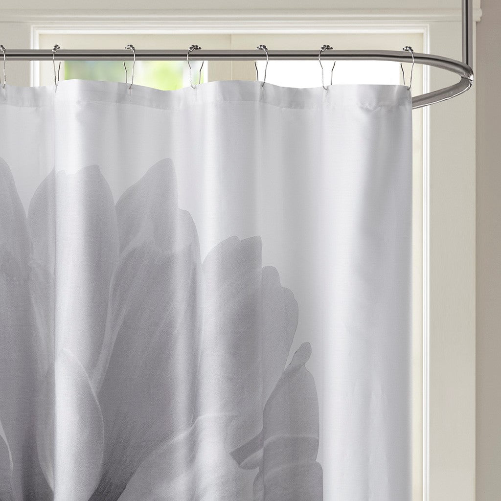 Large Floral Cotton Percale Shower Curtain, Grey