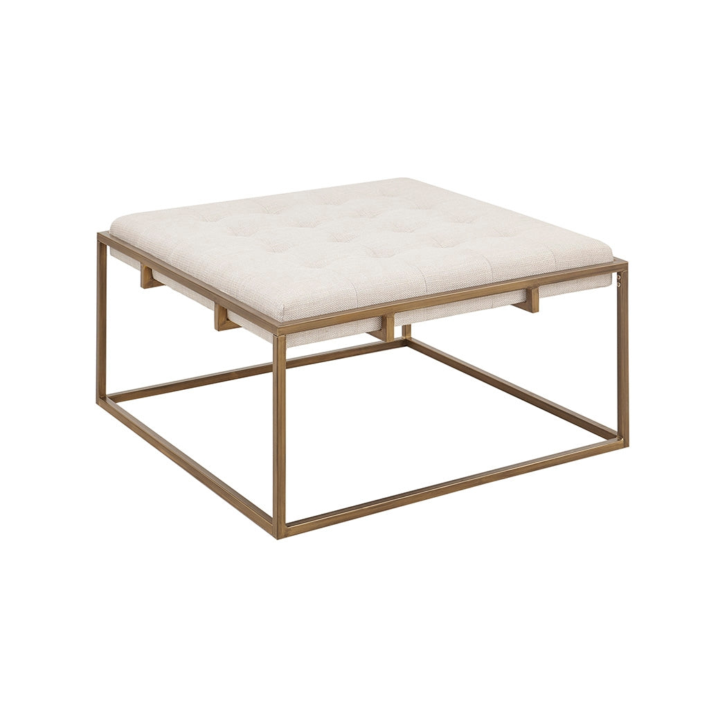 Square Bronze Base Upholstered Ottoman, Ivory