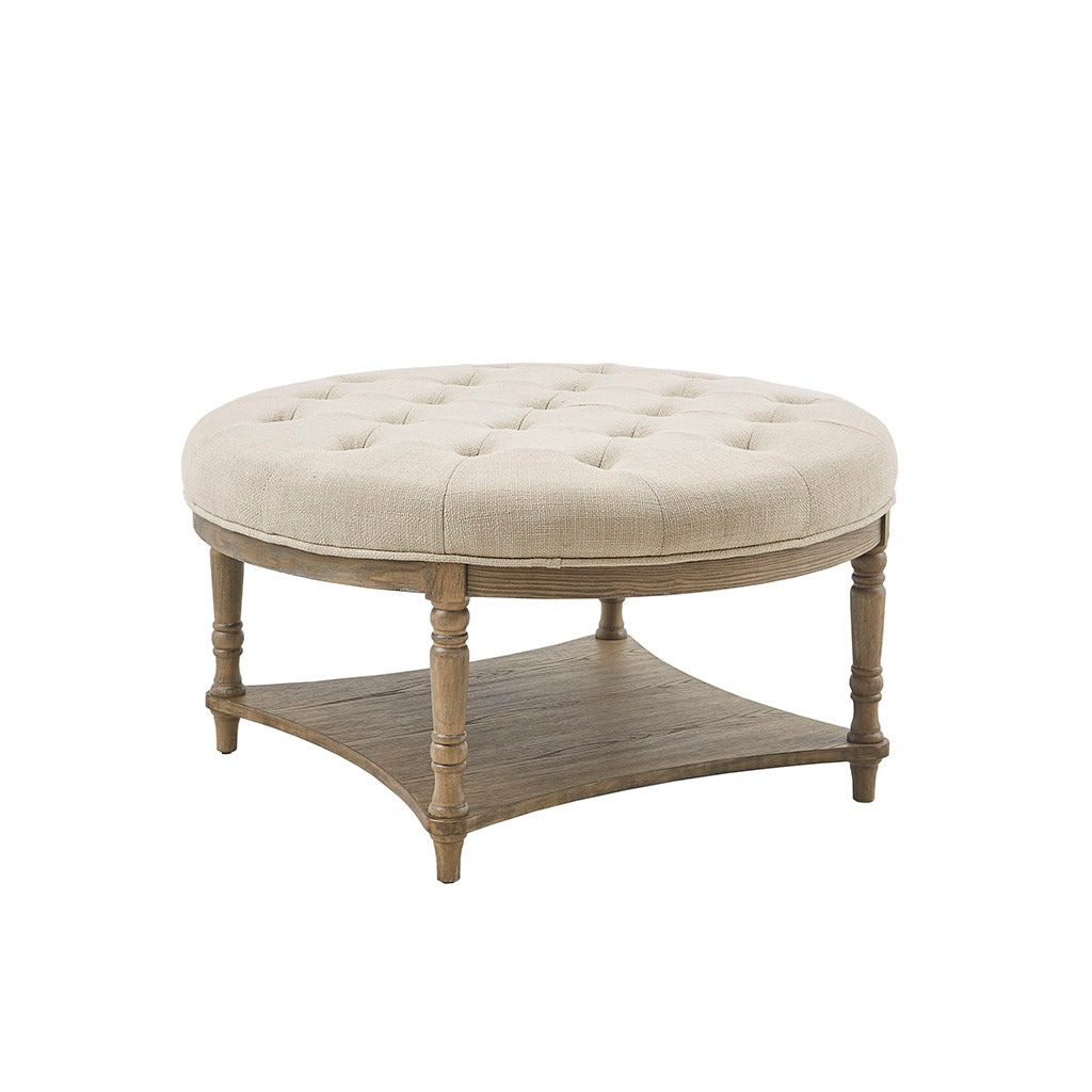 Country Style Round Ottoman with Bottom Shelf, Cream *