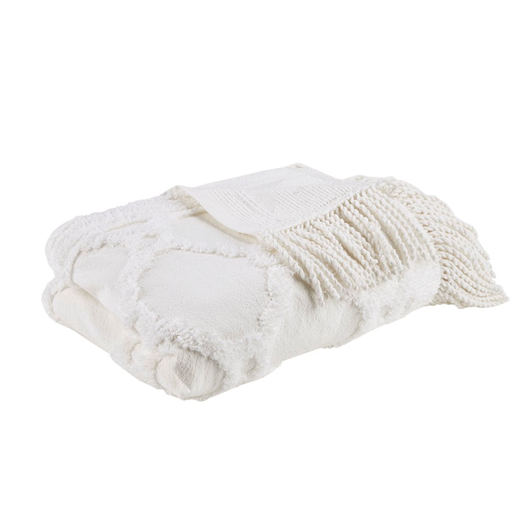 Fringed Tufted Throw Blanket, Moroccan Geometric, White