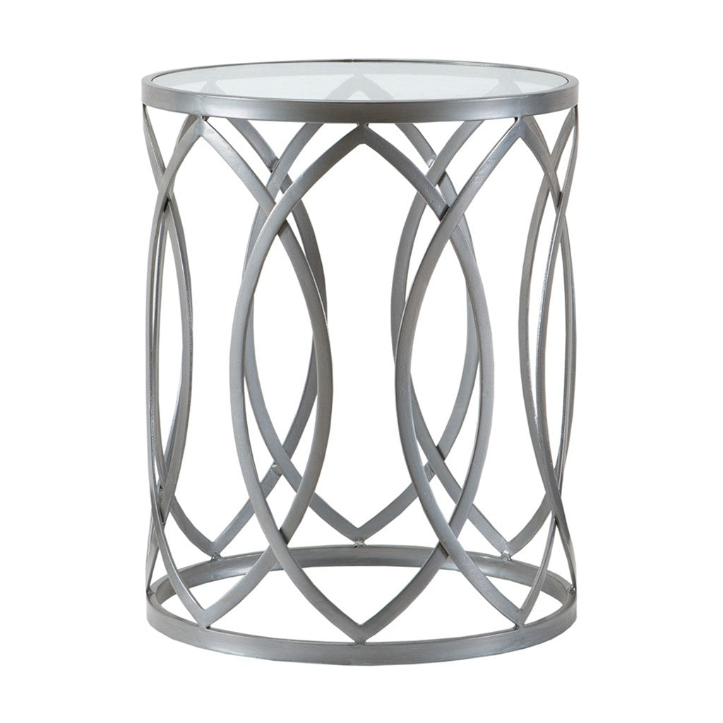 Glass Top Hollow Round Accent Table, Silver