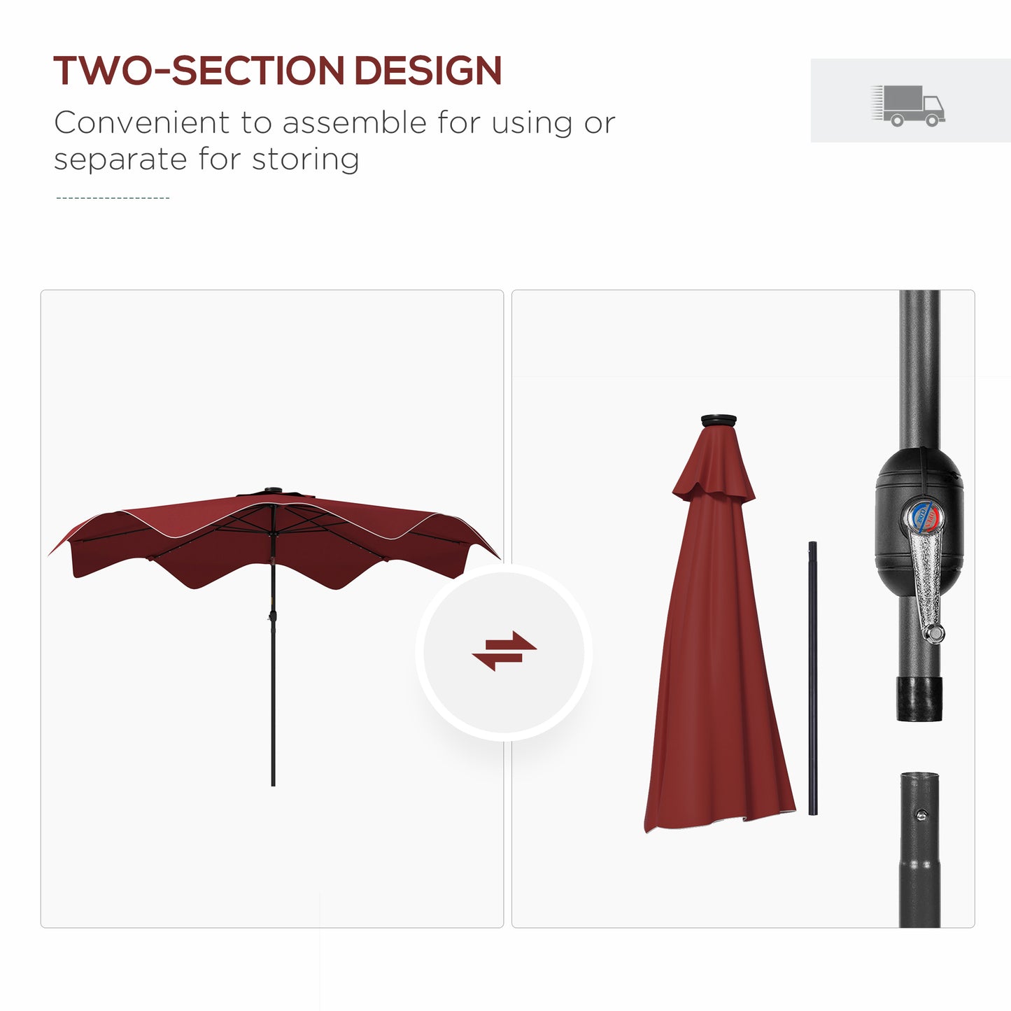 Solar Patio Umbrella with LED and Tilt, Outdoor Market Table Umbrella Parasol with Crank, 10 x 10 ft, Wine Red