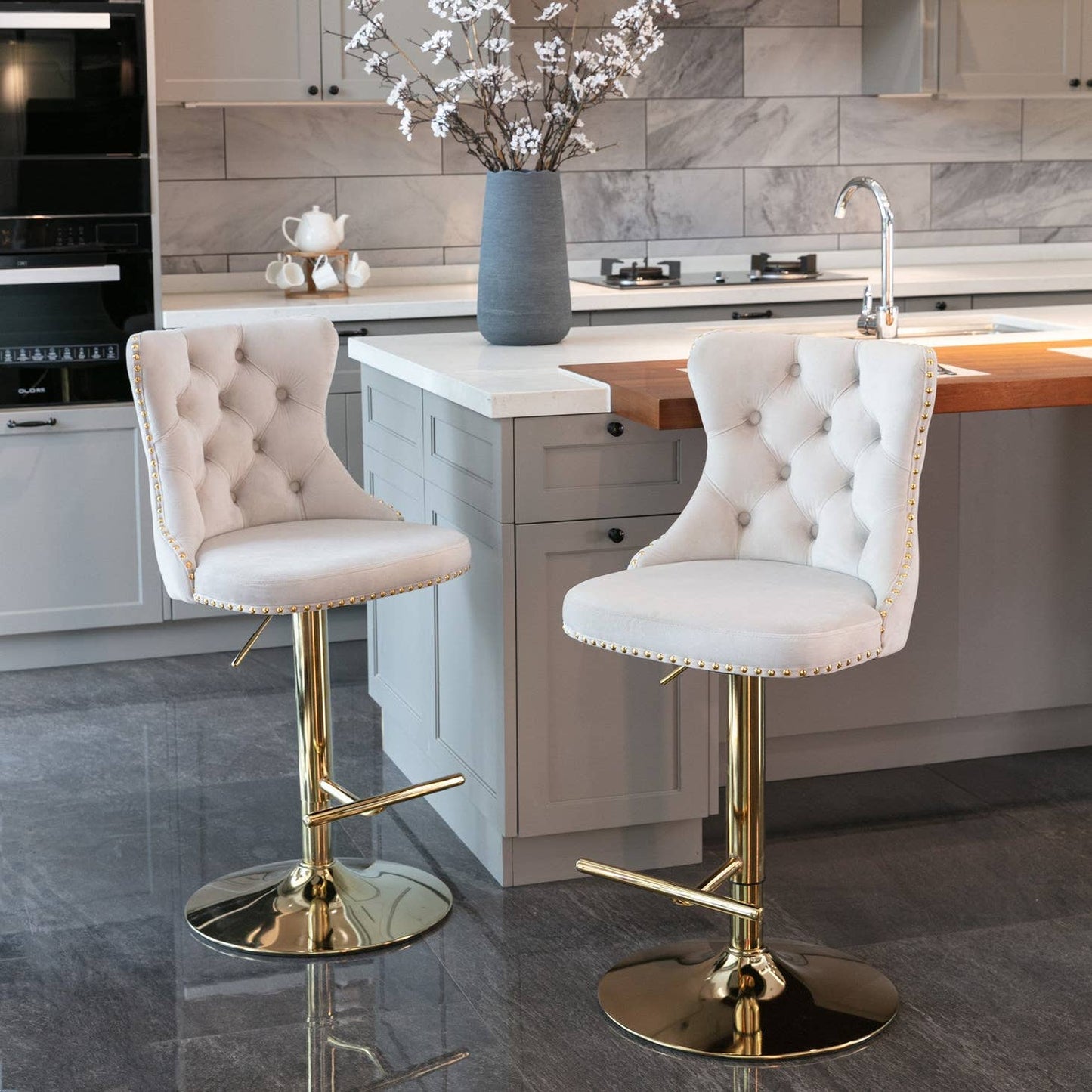 Set of 2 Modern Adjustable Velvet Swivel Bar Stools BEIGE