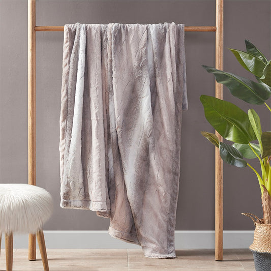 Oversized 60x70" Faux Fur Throw Blanket, Ombre Blush/Grey