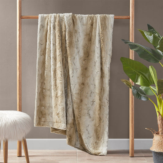 Oversized 60x70" Faux Fur Throw Blanket, Ombre Sand