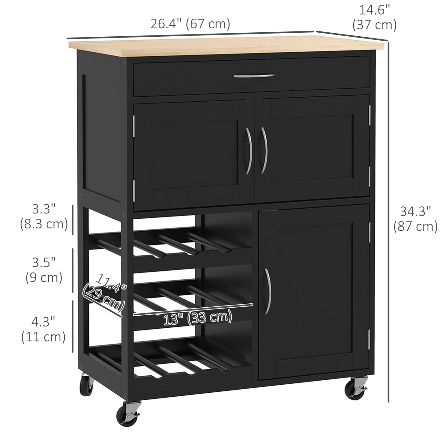 Rolling Kitchen Cart, Kitchen Island with Storage Drawer, 9-bottle Wine Rack, Door Cabinets, Wooden Countertop, Black