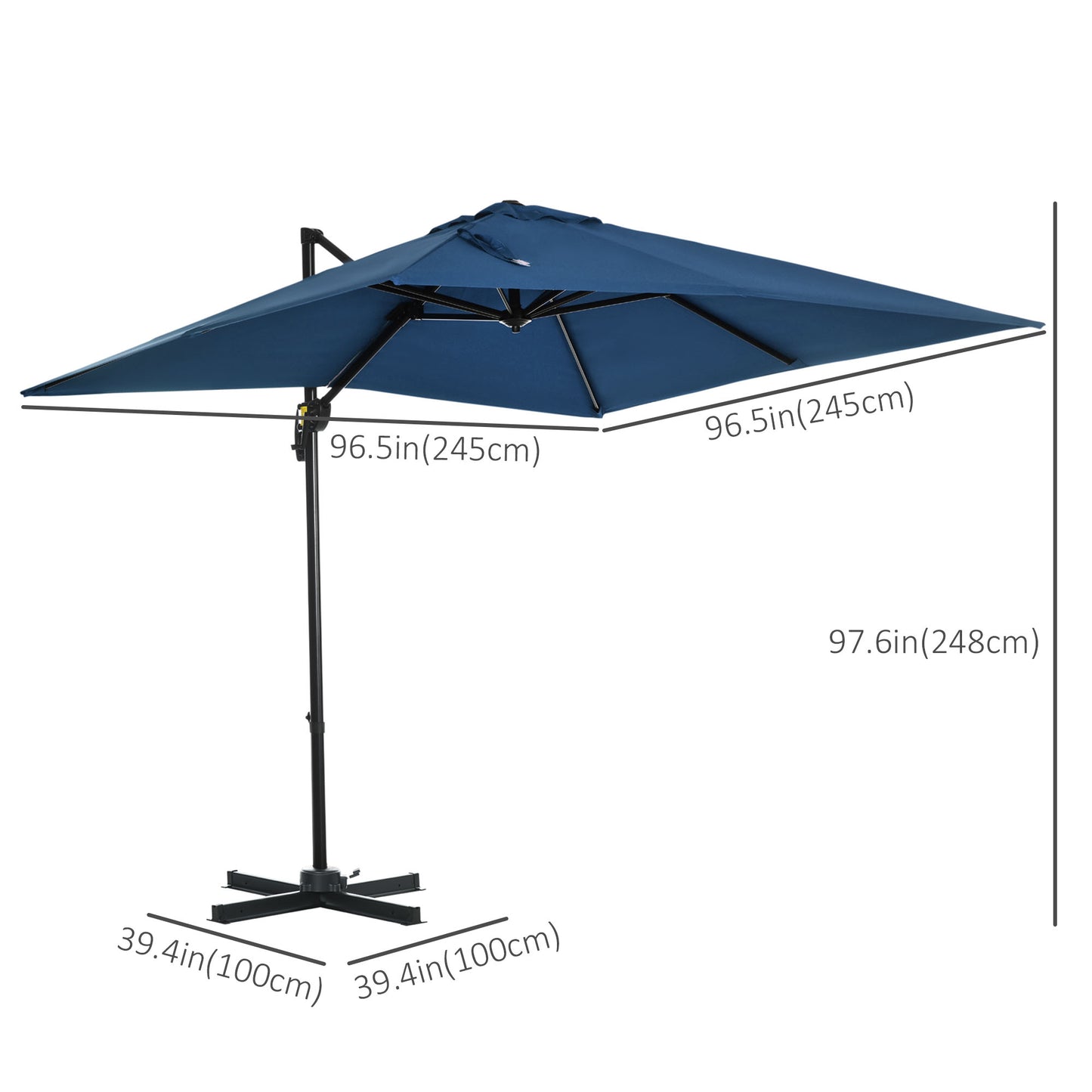 Outsunny 8' x 8' Square Patio Hanging Offset Umbrella with 360° Rotation, Aluminum Outdoor Cantilever Market Parasol with Crank & Tilt, Garden Sun Canopy Shelter with Cross Base, Dark Blue