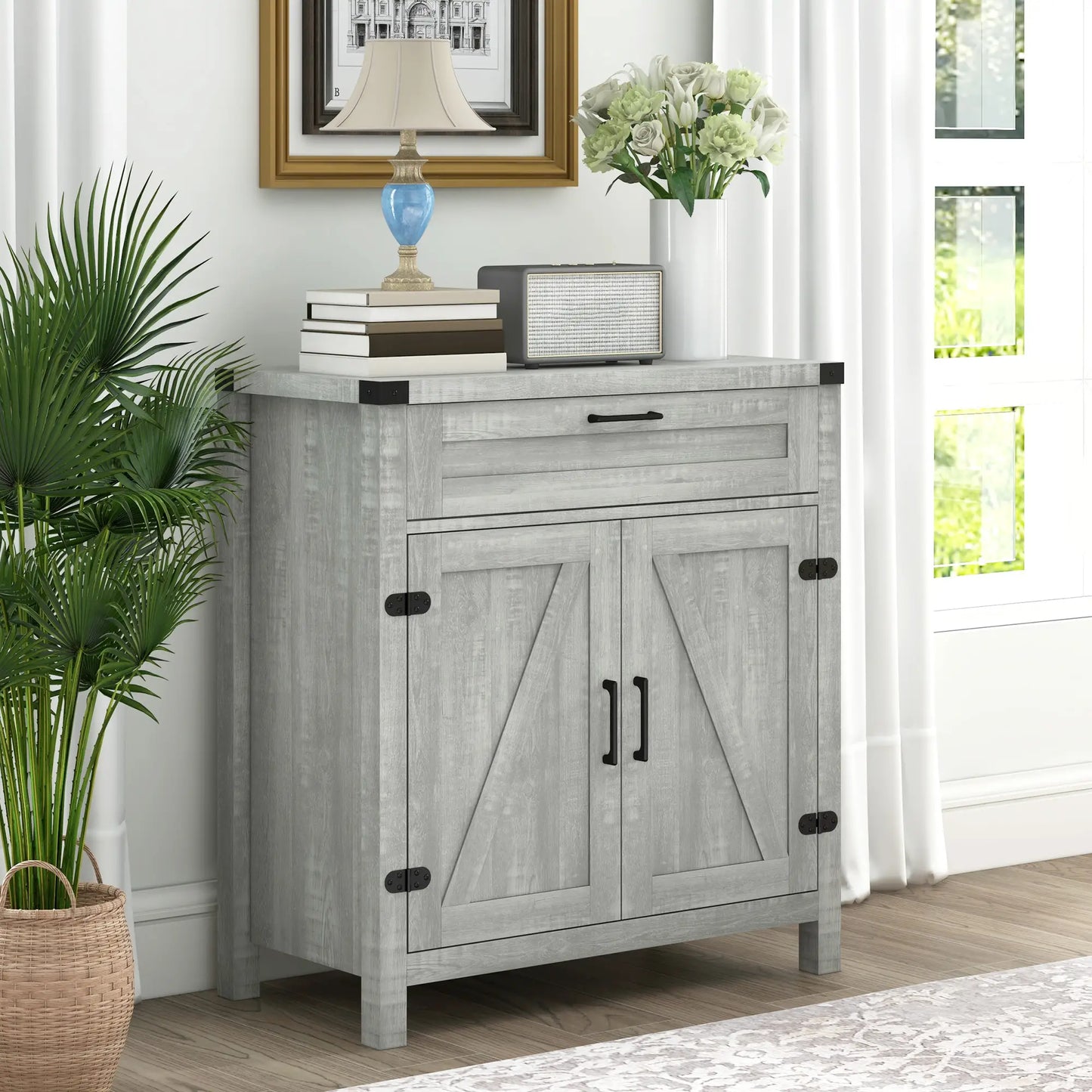 Farmhouse Kitchen Storage Cabinet or Entryway with 2 Rustic Barn Doors and Drawer, Light Grey