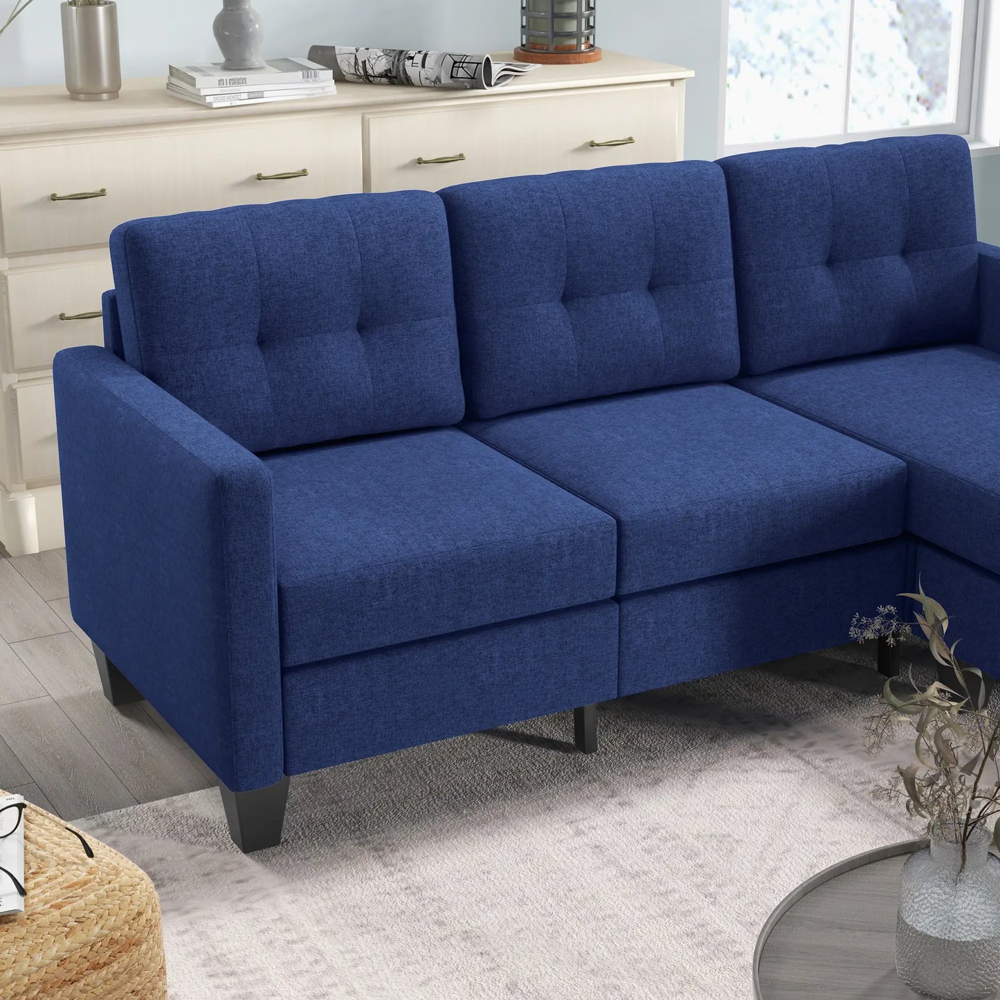 L-shaped Sofa, 3 Seater Sectional Couch with Ottoman with Thick Padded Cushion and Wood Legs, Dark Blue