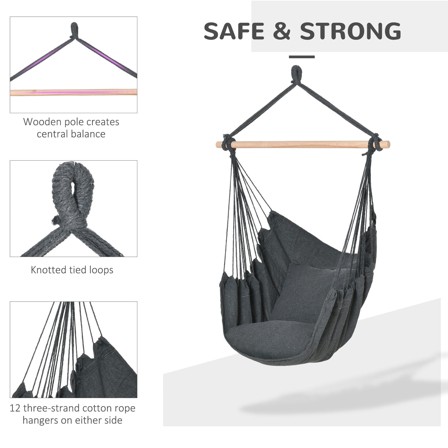 Outsunny Hammock Chair Swing Hanging Macrame Chair Cotton w/ Two Soft Seat Cushions, for Bedroom Indoor Outdoor Ideal Gift for Kids Lover Birthday Present, Dark Grey