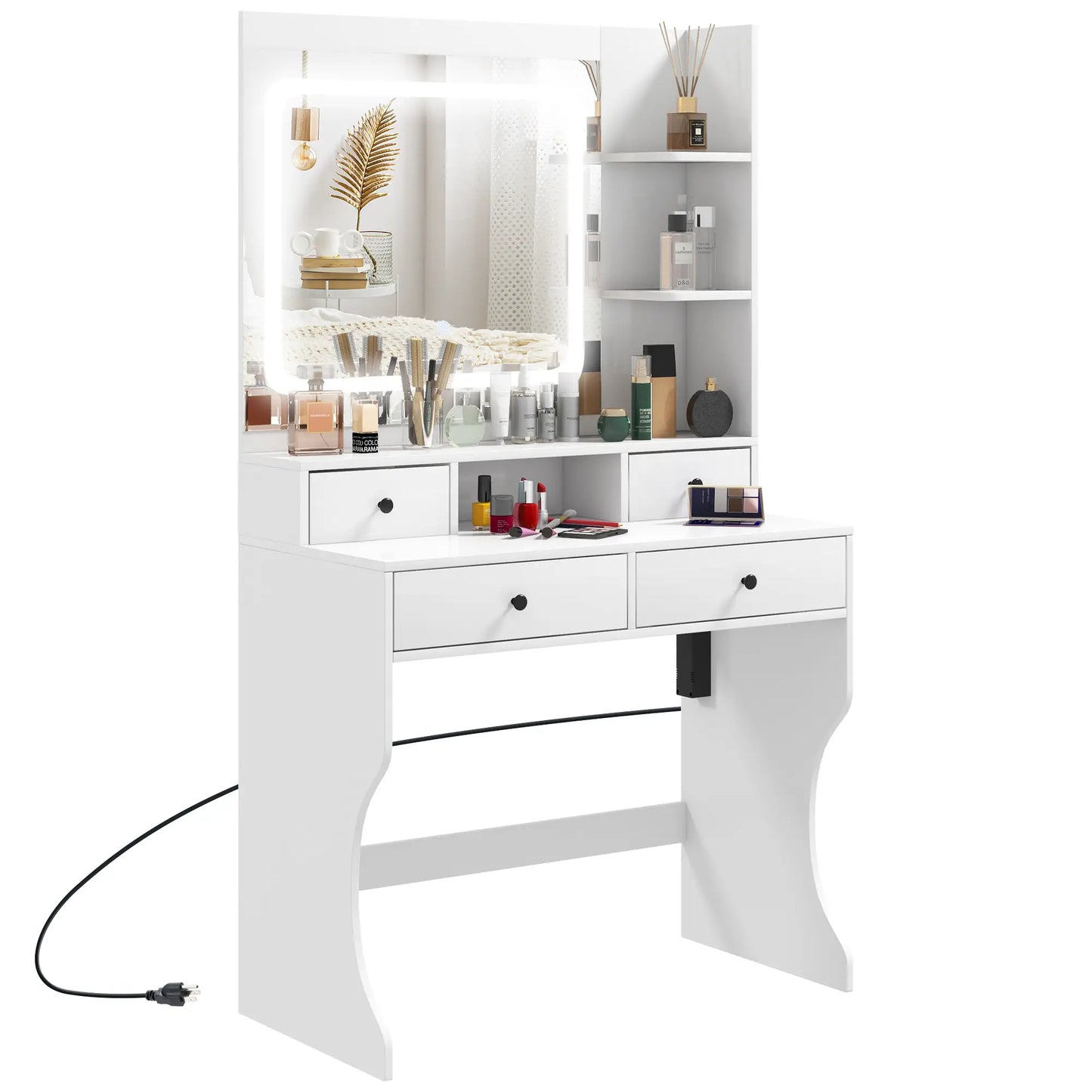 Vanity with Lighted Mirror, Charging Station, USB Ports, Drawers, Storage Shelves in White