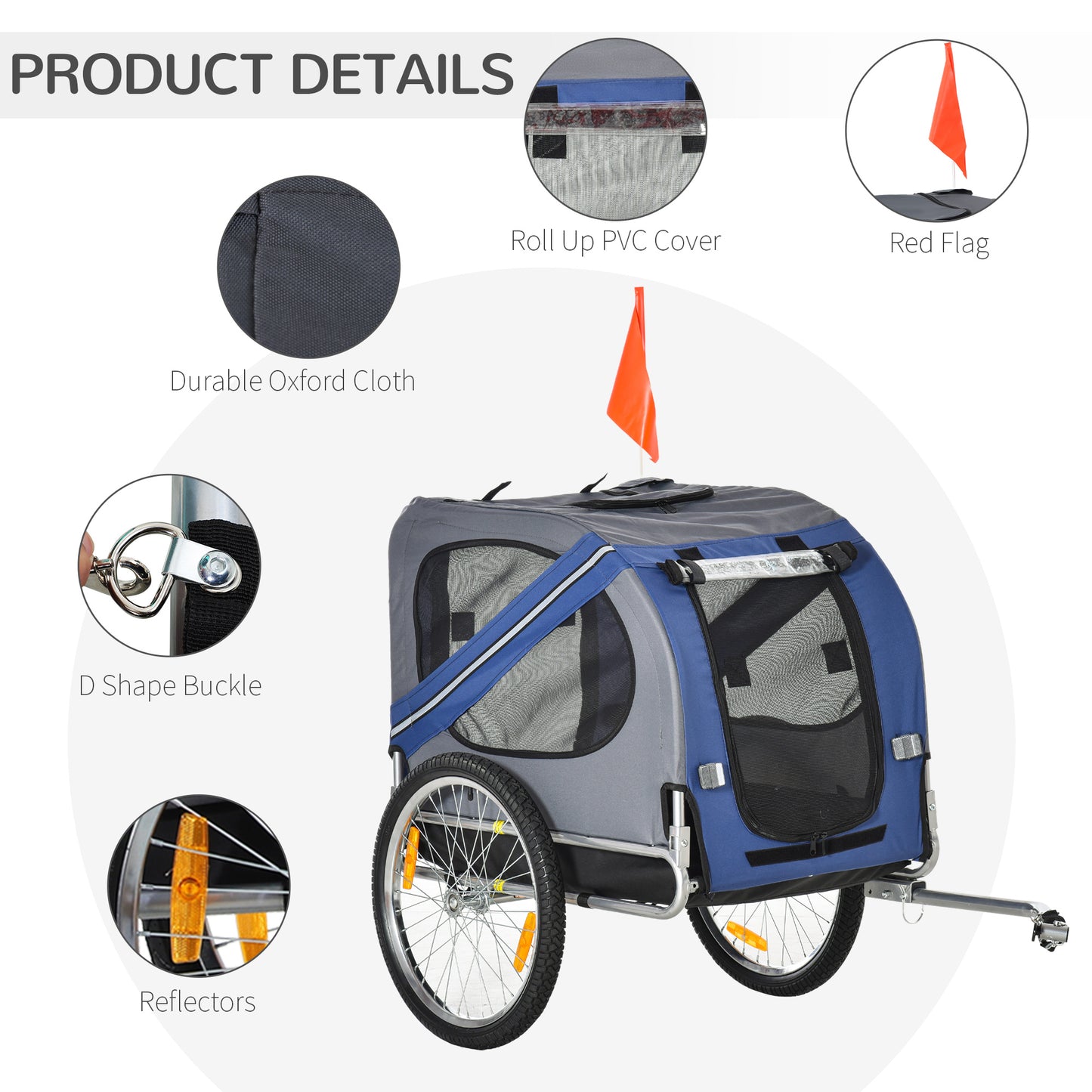 PawHut Dog Bike Trailer Pet Cart Bicycle Wagon Cargo Carrier Attachment Foldable for Travel, Blue and Grey