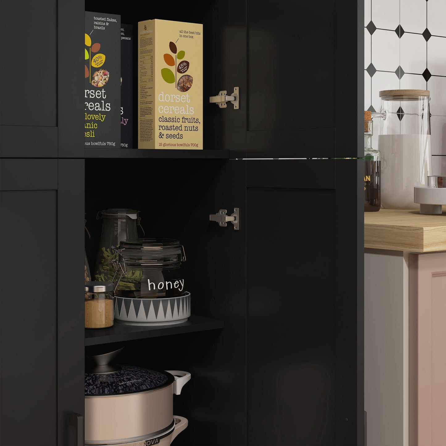 67" 4-Door Kitchen Pantry Cabinet, Freestanding Storage Cabinet Cupboard with Adjustable Shelves, Black