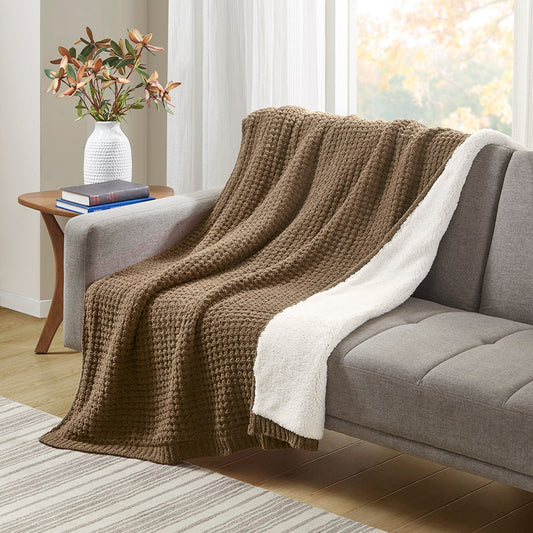 Sherpa Waffle Knit Chenille Throw, Brown