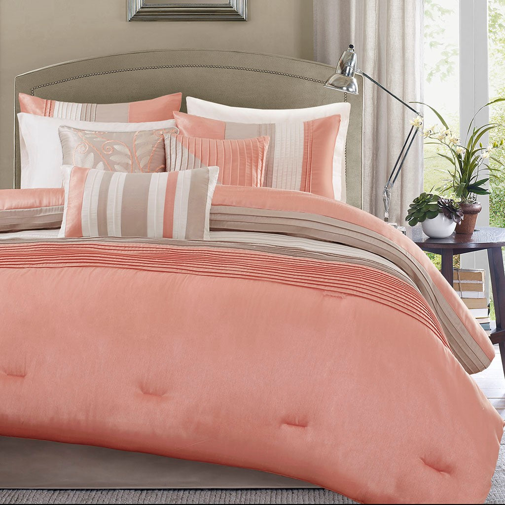 Pintucking 7-Piece Comforter Set, Coral