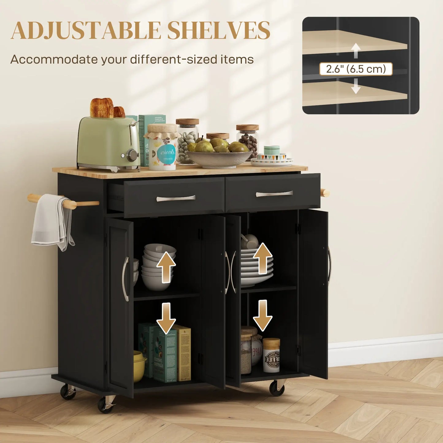 Kitchen Island on Wheels with Rubberwood Top, with 2 Drawers, 4 Doors and Adjustable Shelves