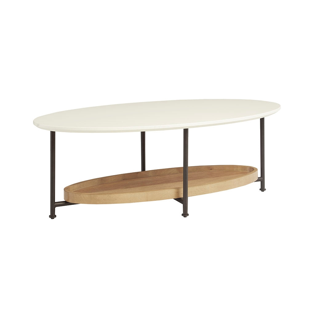 White Oval Coffee Table with Wood Base Shelf