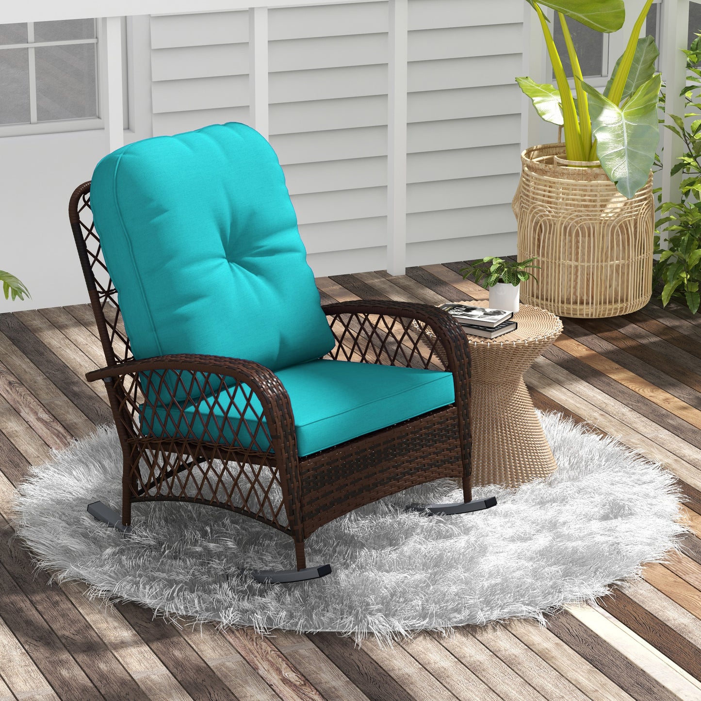 Outsunny Outdoor Wicker Rattan Rocking Chair Patio Rocker with Thick Cushions for Garden Backyard Porch, Turquoise