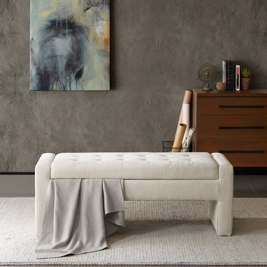 Button Tufted Upholstered Storage Bench, Ivory