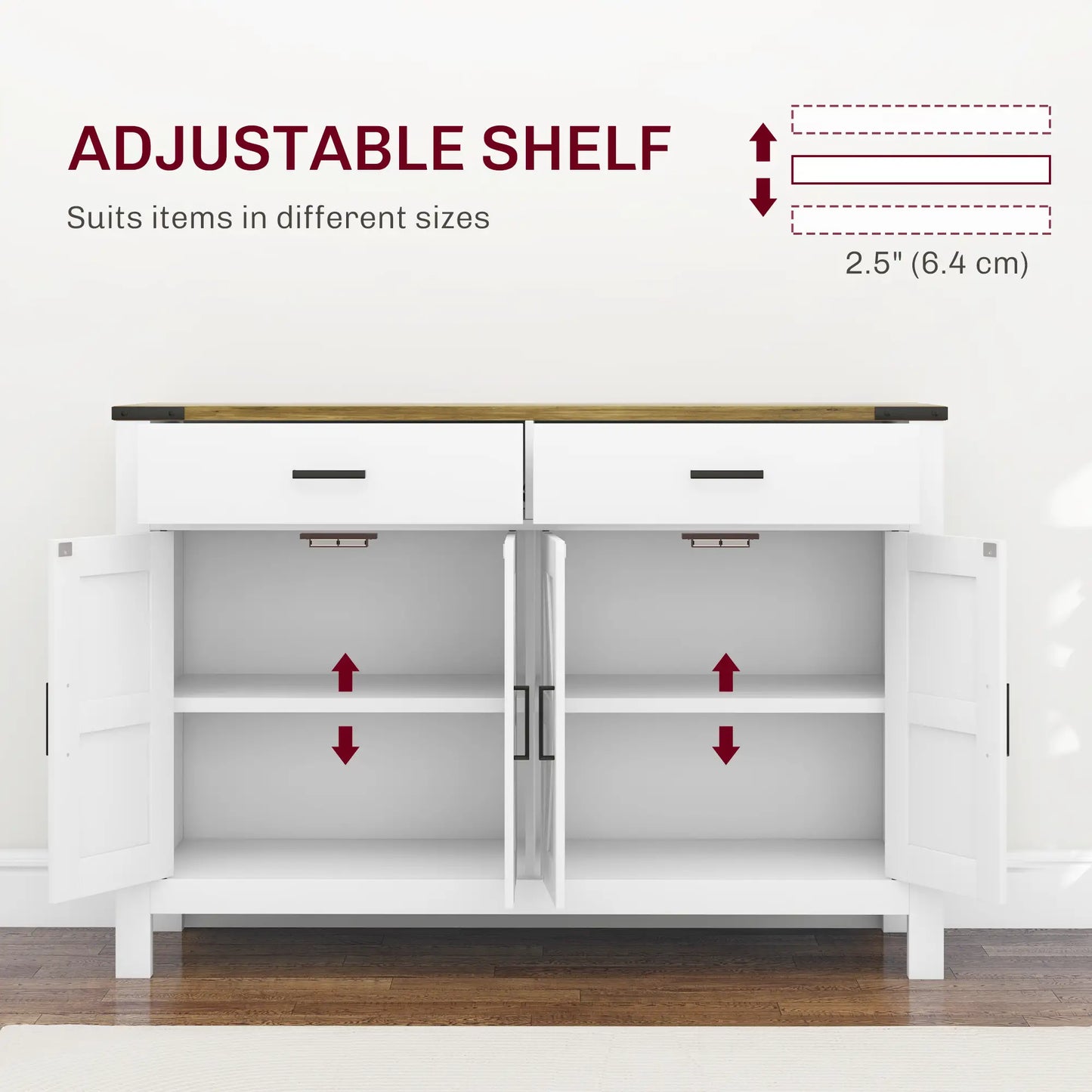 Farmhouse Buffet Cabinet Sideboard with 2 Drawers, 2 Storage Cabinets and Adjustable Shelves, White