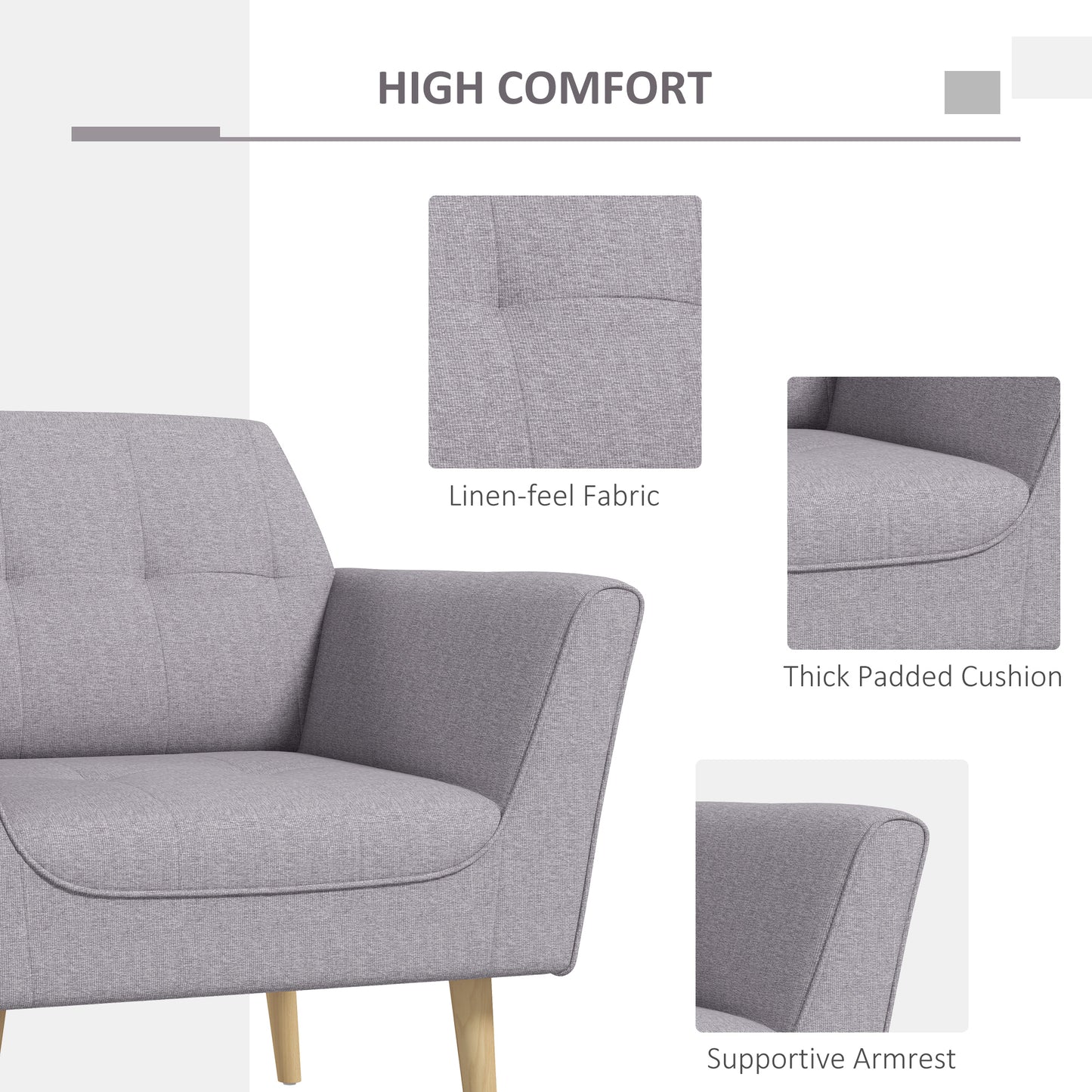 Upholstered Armchair, Modern Accent Chair with Tufted Pattern, Rubber Wood Legs for Living Room, Bedroom, Grey