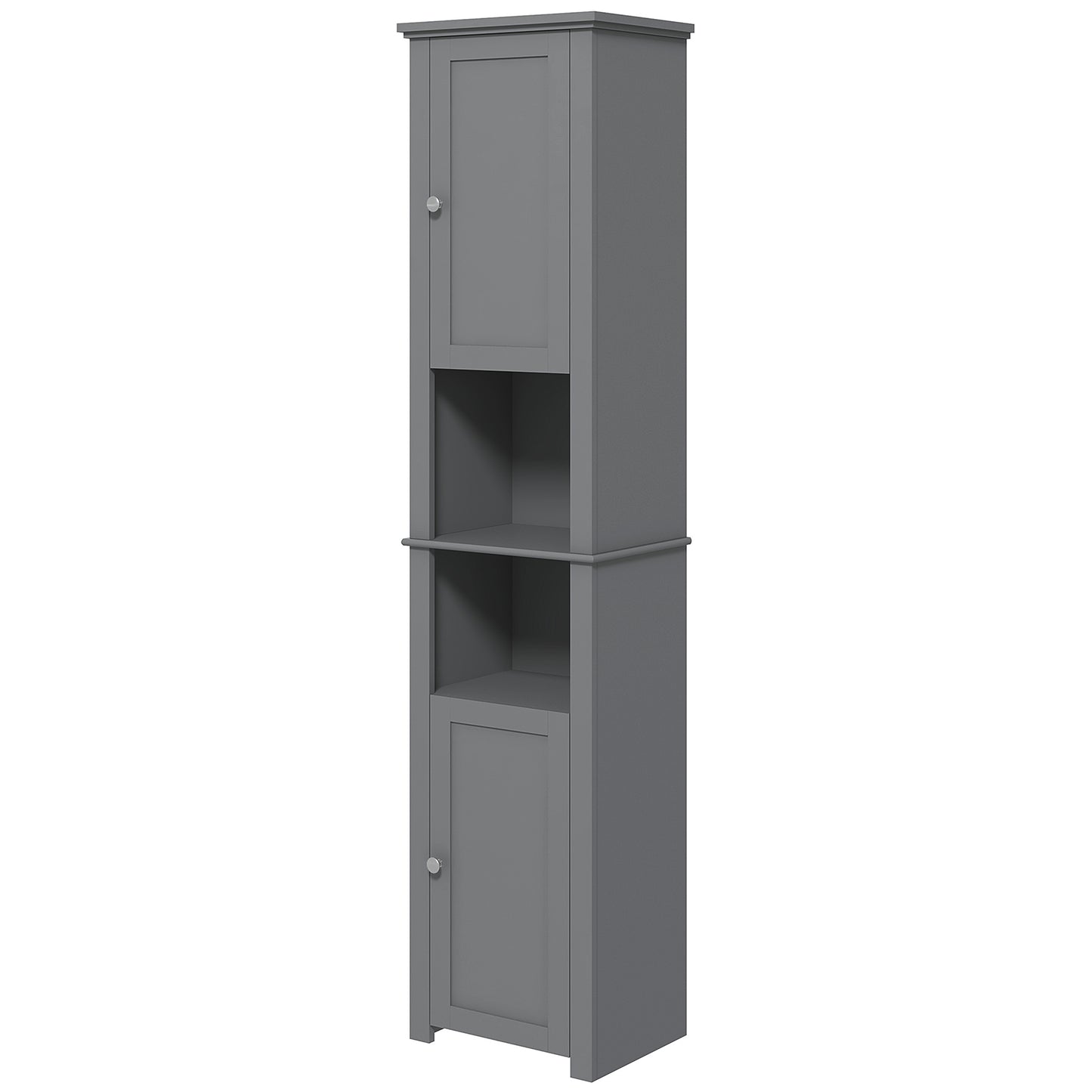 Tall Bathroom Linen Cabinet, Freestanding with Open Shelves and 2 Cupboards, Narrow Storage , Grey