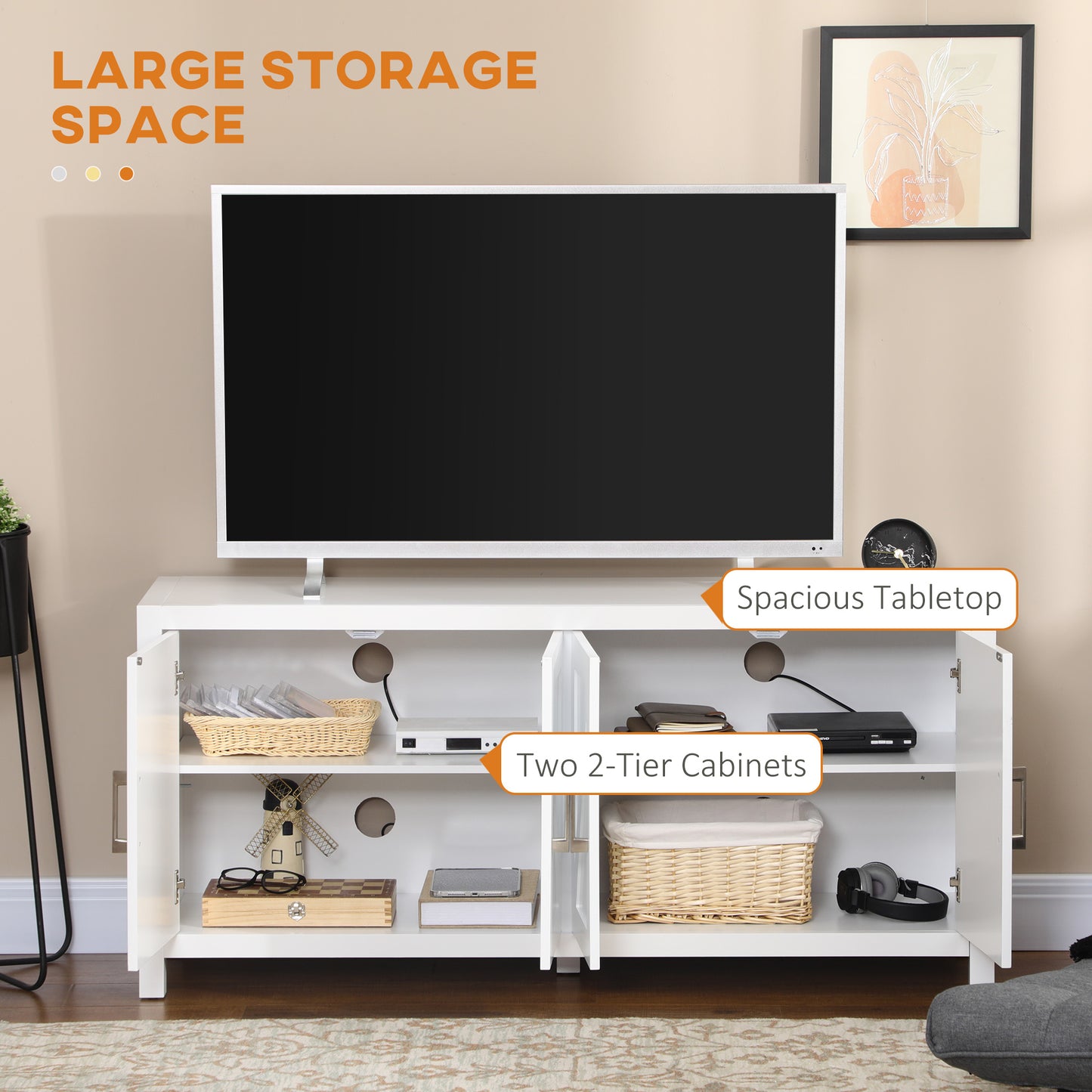 Sideboard Cabinet Buffets Table with Barn Style Doors TV Cabinet Stand for TVs up to 65" with 4 Cable Holes White