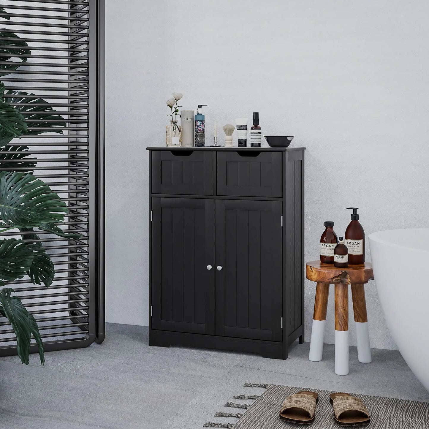 Entryway or  Bathroom Storage Cabinet with 2 Drawers, Adjustable Shelf in Black