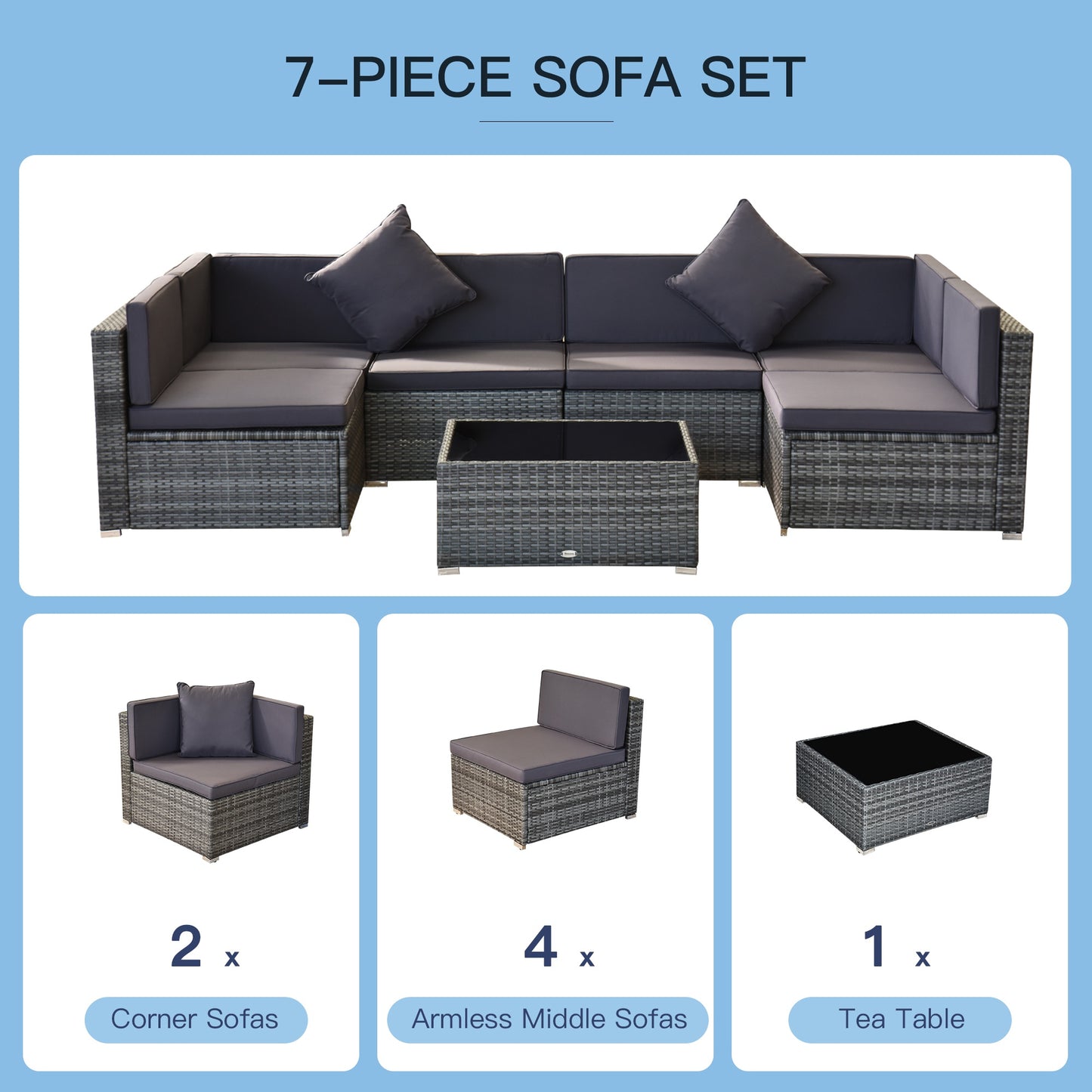 7pc Garden Wicker Sectional Set w/ Tea Table Patio Rattan Lounge Sofa with Cushion, Dark Grey