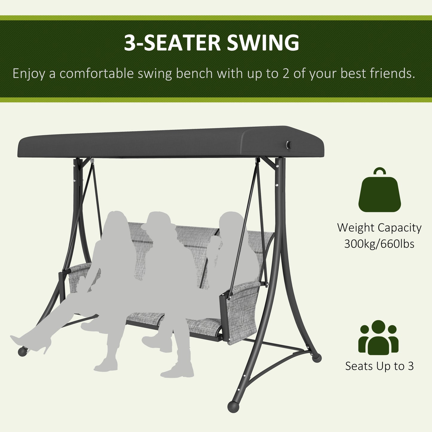 3 Person Outdoor Porch Swing Chair with Adjustable Canopy, Black