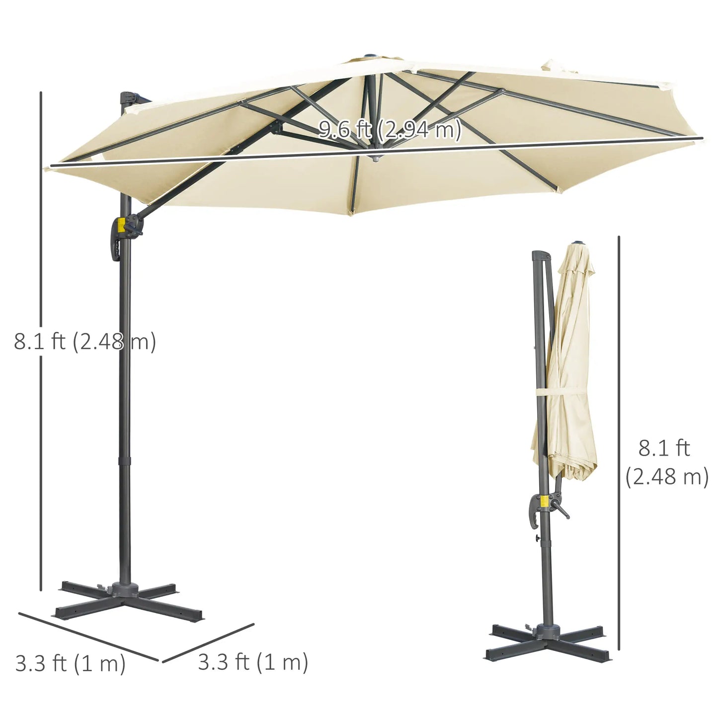 9.6' Cantilever Patio Umbrella Outdoor Hanging Offset Umbrella with Cross Base 360° Rotation Aluminum Poles in Cream White