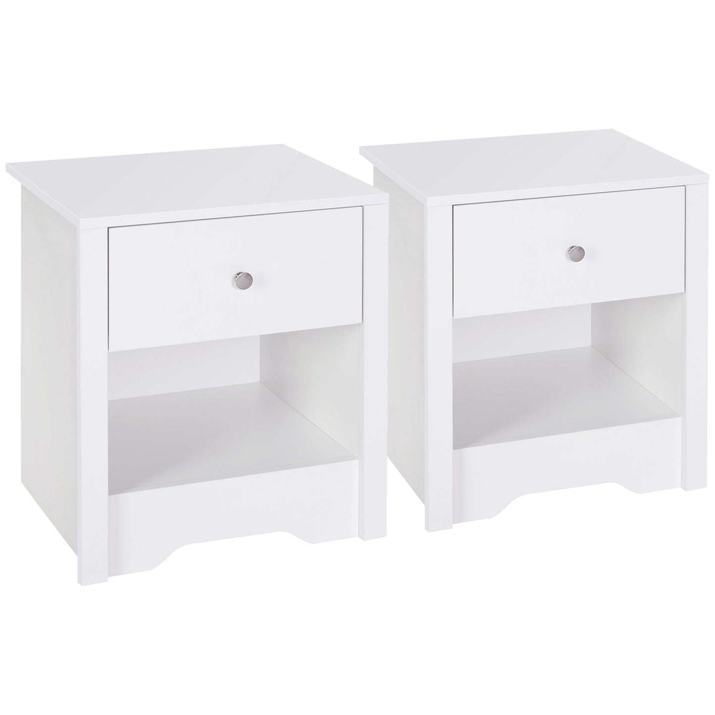 Bedside Table Set of 2, Night Stand with Drawer, Open Shelf and Metal Rail for Bedroom, Living Room, White