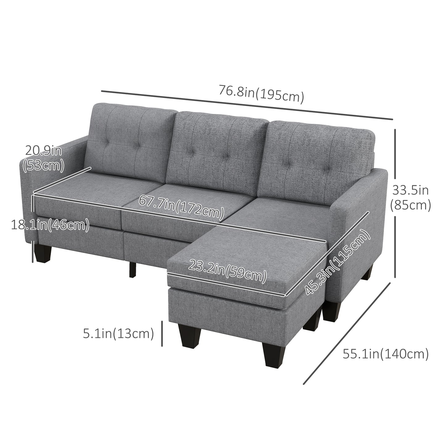 L-shaped 3 Seater Couch with Switchable Ottoman, Corner Sofa with Thick Padded Cushion for Living Room, Light Grey