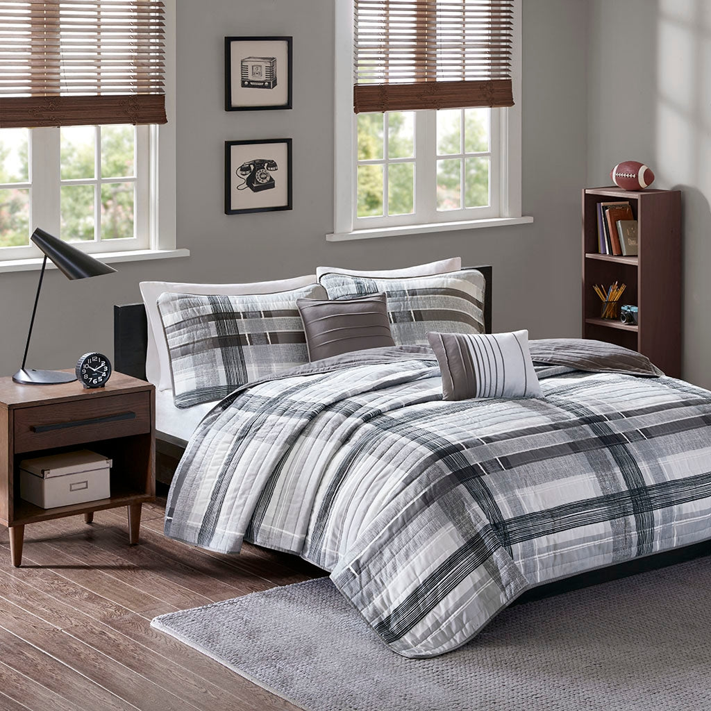 Neutral Plaid Comforter/Coverlet Set, Black FULL/QUEEN