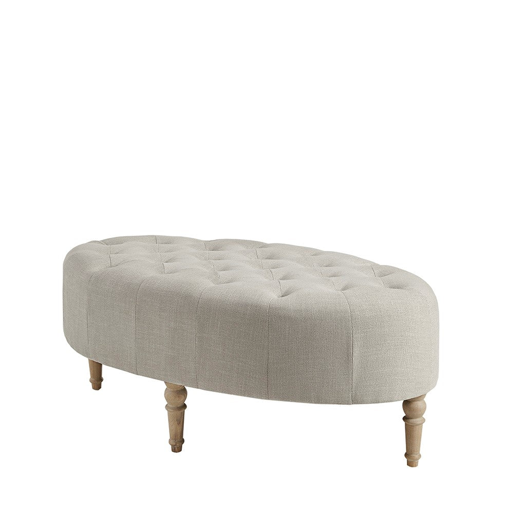 Button Tufted Ottoman with Reclaimed Wooden Leg, Light Grey