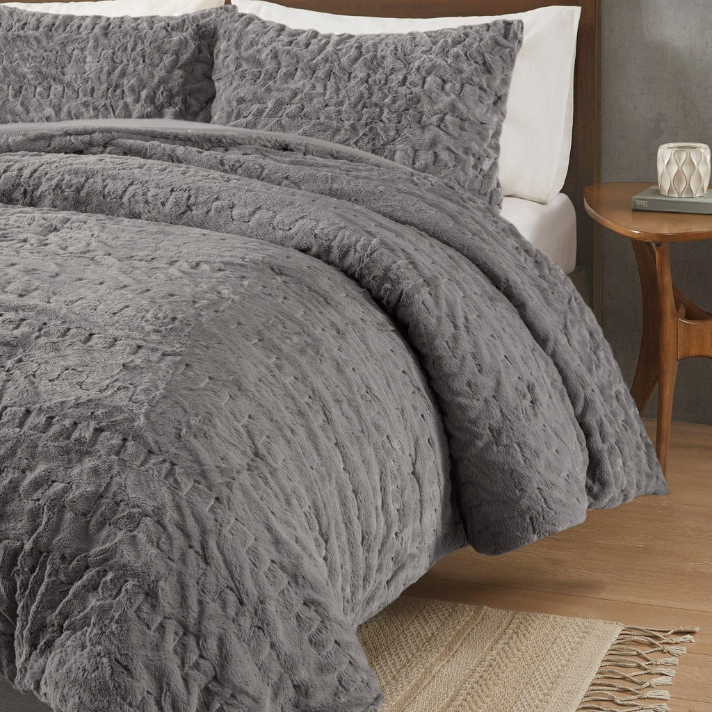 Ruched Faux Fur All-Season Comforter Set, Grey